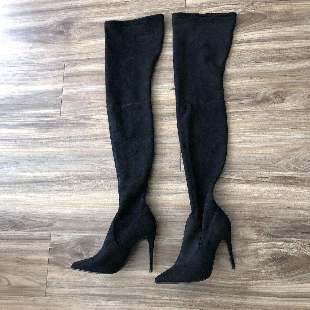 Black Faux Suede Over the Knee Heeled Stiletto Boots
